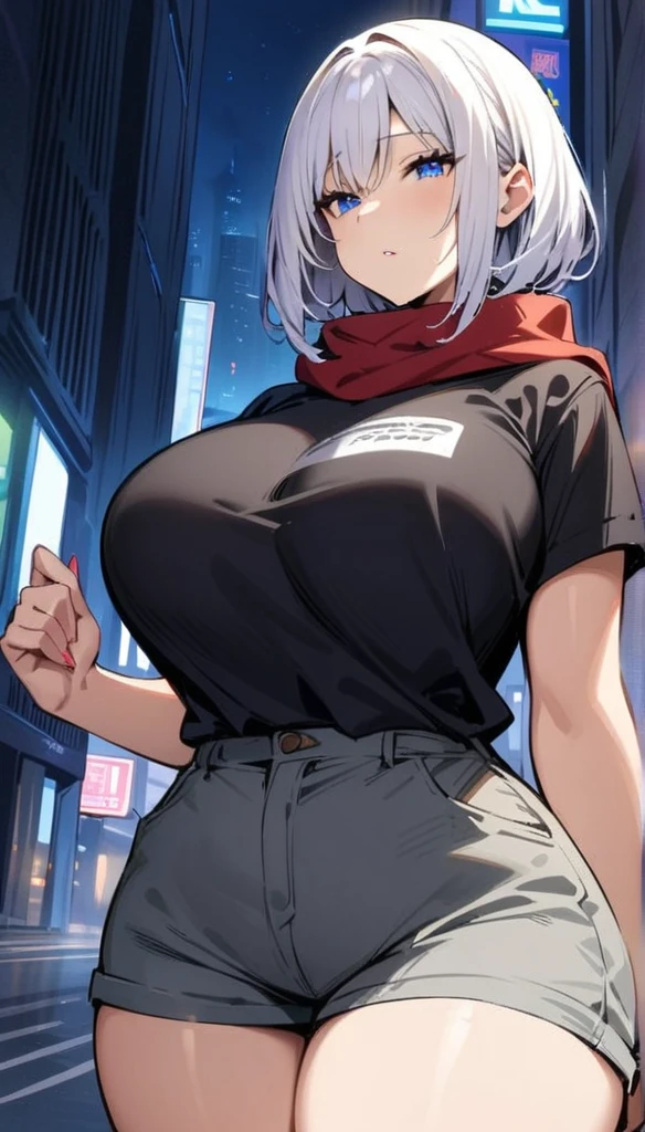 ((Best Quality)), ((Masterpiece)), (detailed), 1 girl, White hair, medium short hair, blue eyes, ceria expression, White T-shirt, black sweater, Red scarf, grey pants, in the city at night, big breasts, big thighs, looking to the right,