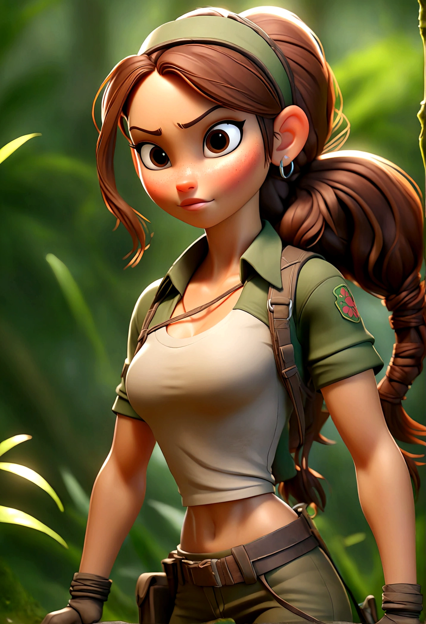 (Best quality, high resolution: 1.2), Ultra-detailed, (Realistic: 1.37) brunette, médium ponytail brown hair, brown eyes big chest, 18 years, full body, tomb raider outfit full body full body picture hugh-boobs and smile (( 4 pose of jungle mexico field))