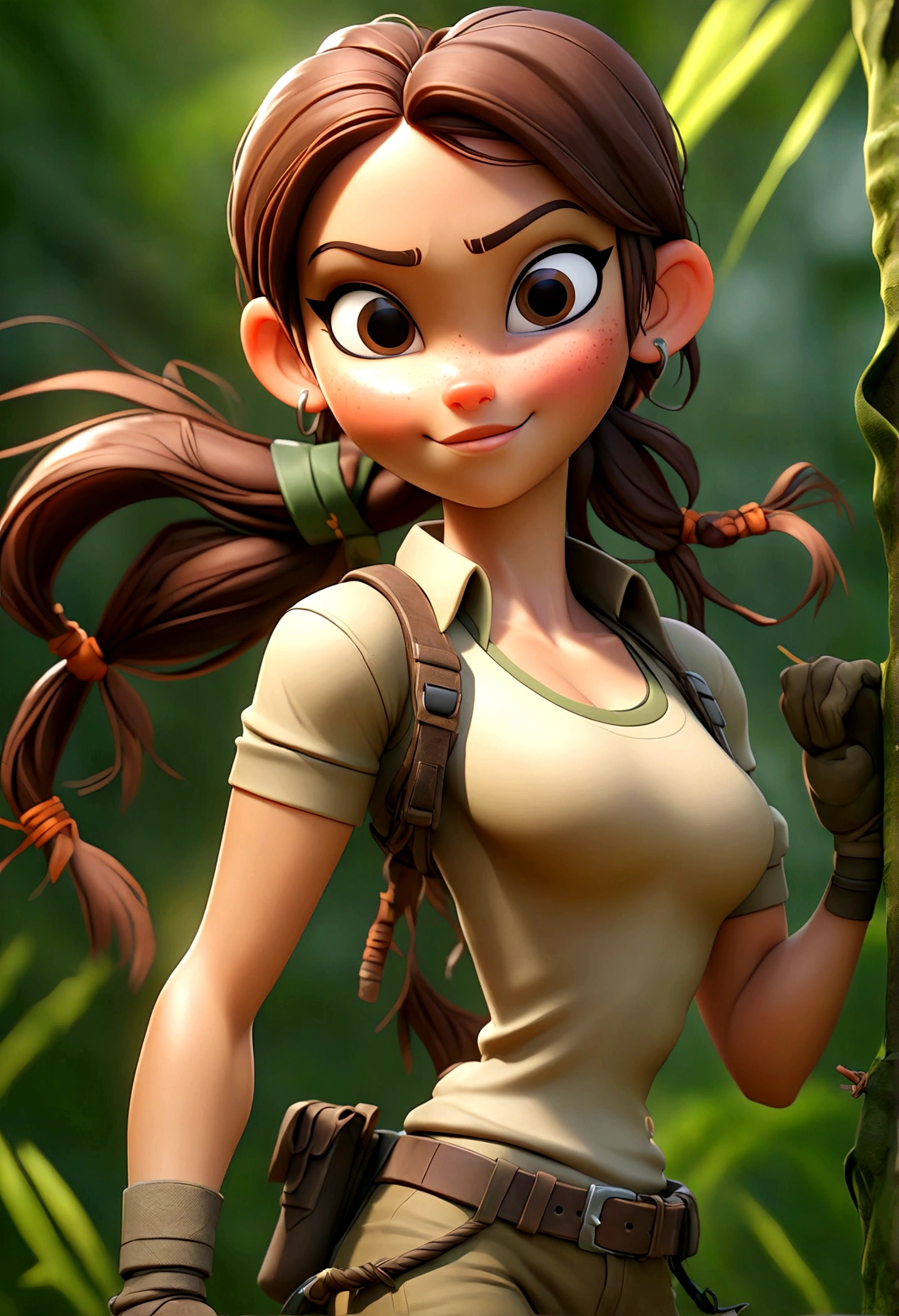 (Best quality, high resolution: 1.2), Ultra-detailed, (Realistic: 1.37) brunette, médium ponytail brown hair, brown eyes big chest, 18 years, full body, tomb raider outfit full body full body picture  hugh-boobs  and smile (( 4 pose of jungle mexico field))