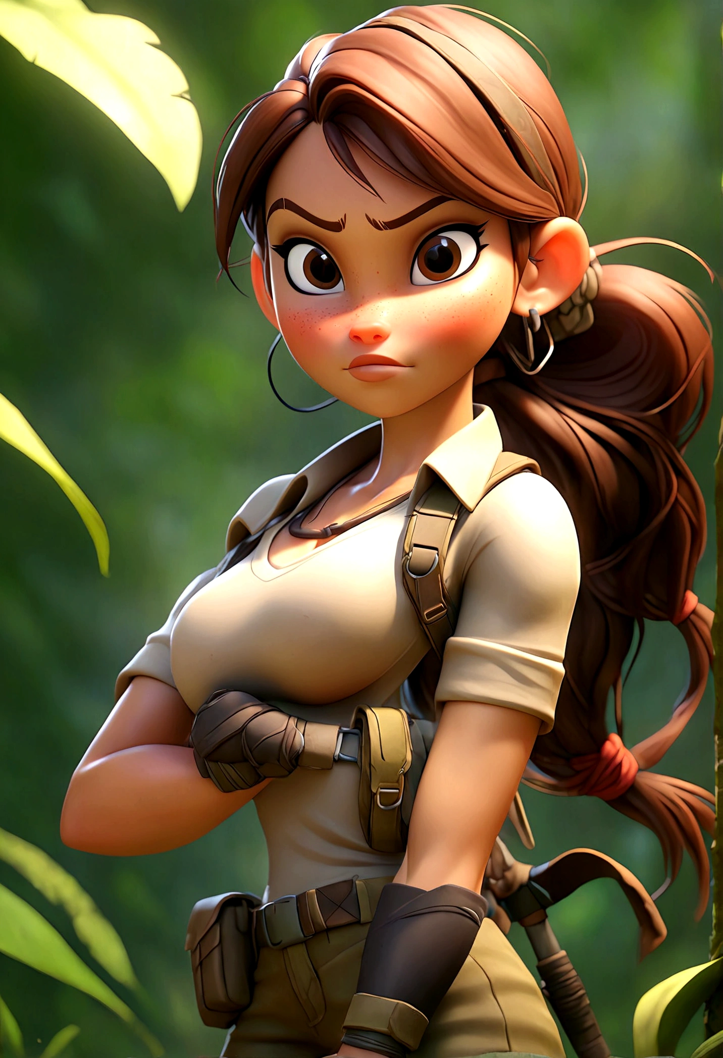 (Best quality, high resolution: 1.2), Ultra-detailed, (Realistic: 1.37) brunette, médium ponytail brown hair, brown eyes big chest, 18 years, full body, tomb raider outfit full body full body picture  hugh-boobs  and smile (( 4 pose of jungle mexico field))