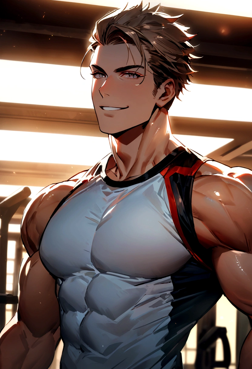 A captivating portrait of a 27-year-old man whose radiant smile conveys his genuine enthusiasm for fitness. In a well-equipped gym, his athletic but not too muscular physique is complemented by his stylish workout attire. Carefully sculpted lighting highlights her determination, transforming the portrait into an embodiment of dedication.