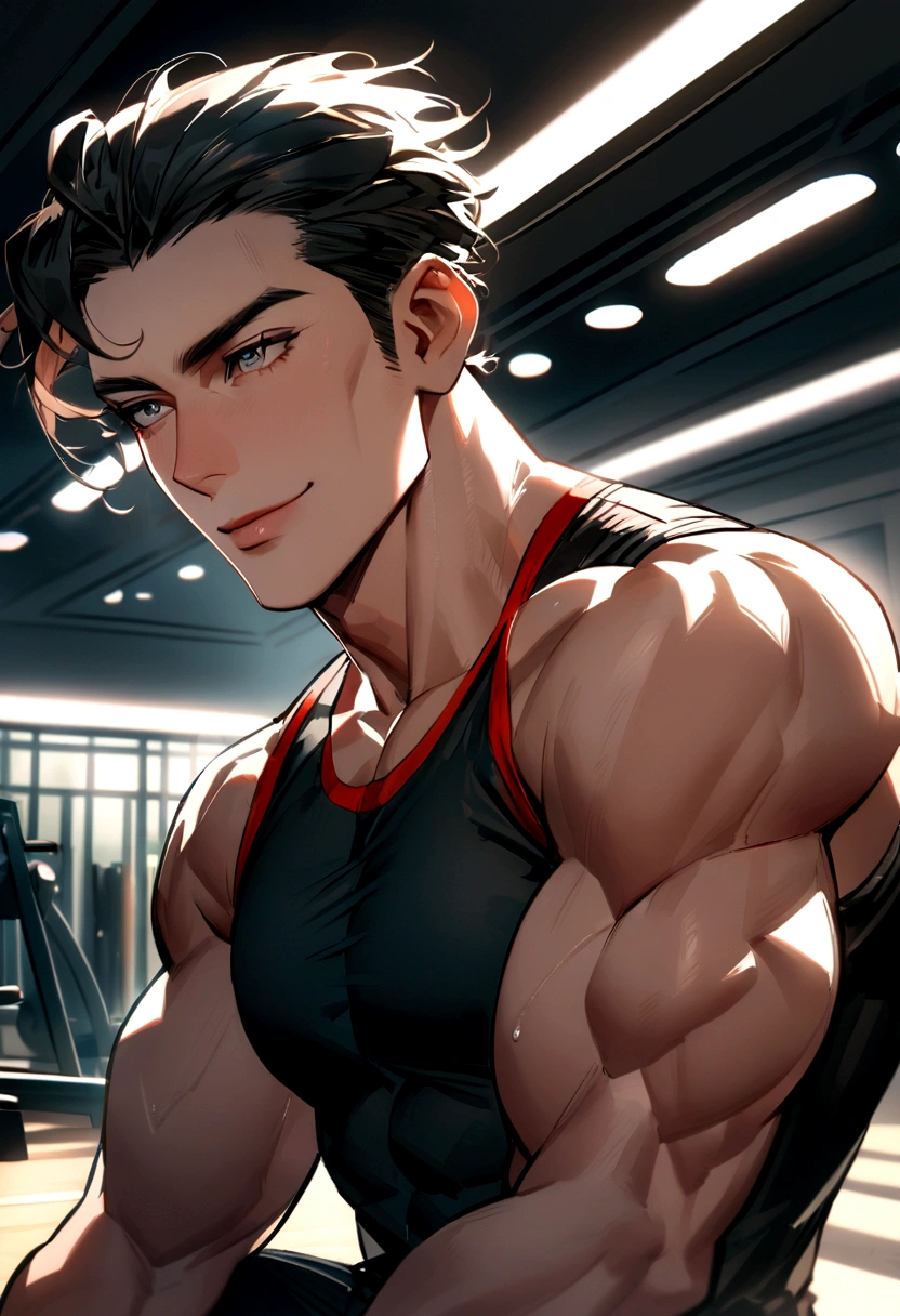 1 man, young man, smiles, solo, white skin, muscular, muscular man, tall, hunk, big biceps, sit-ups, broad shoulder, open chest, facial hair, short black hair, sweaty body, shirtless, looking spectator, high resolution: 1.2, best quality, upper body shot, flat style, blue sky and pool background, low camera angle, volumetric lighting, depth of field, shadow, sunga, full body, sensual pose, perfect face. big hair.