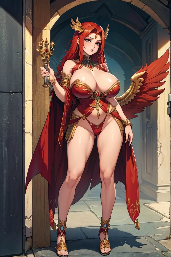 (masterpiece, best quality, high resolution, ((full body, standing,))((huge breasts)) 1 goddess of great beauty, with fantasy war goddess costume, full body, jolleria, 4 red wings full n
