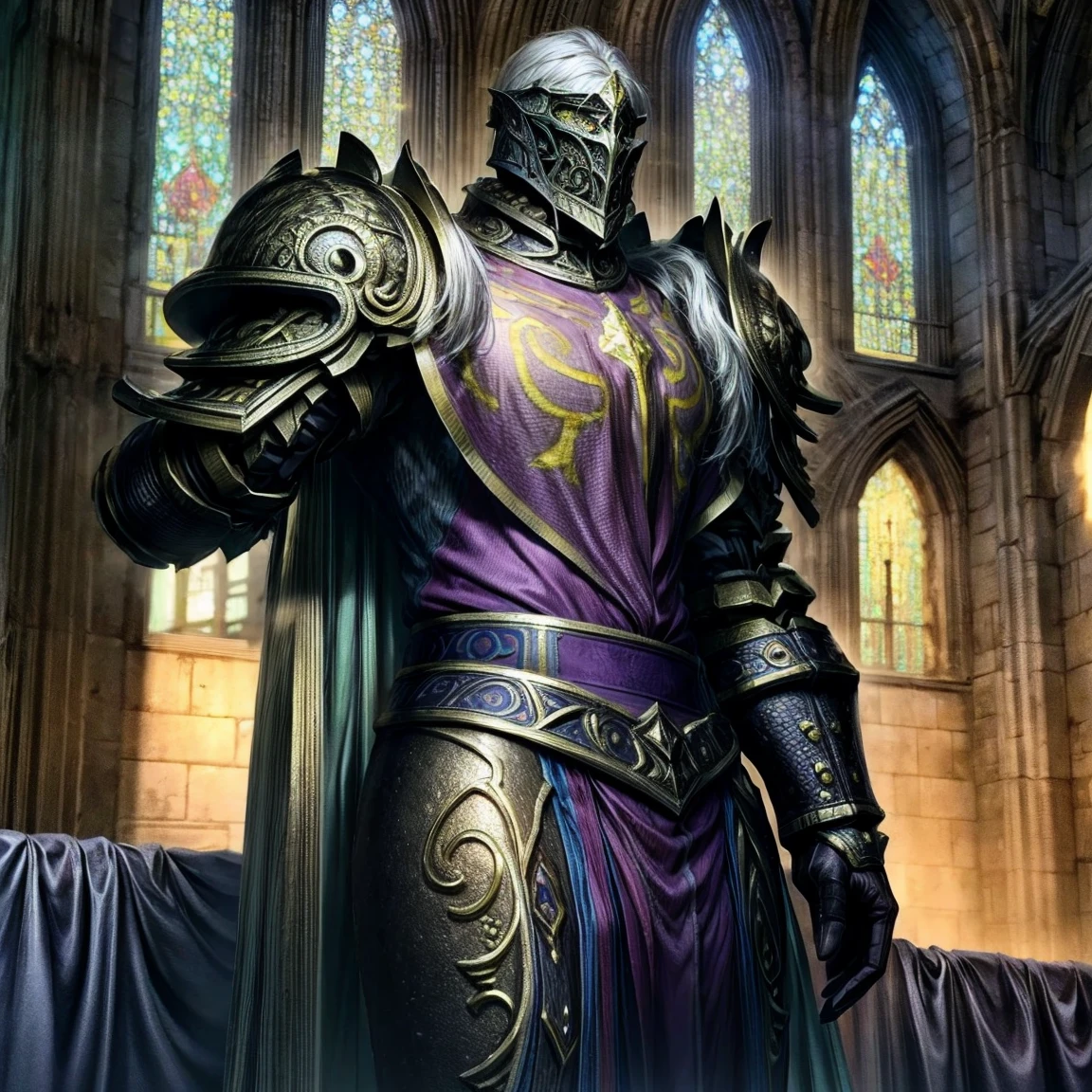 Draego,  a medieval knight in shining armor, standing in front of an altar in a large cathedral, dramatic backdrop, high contrast, wide angle lens, vibrant colors, serene, detailed intricate armor, flowing cape, determined facial expression, sunlight streaming through stained glass windows, ornate altar with candles, dramatic shadows, cinematic composition, photorealistic, 8k, hyper detailed, masterpiece