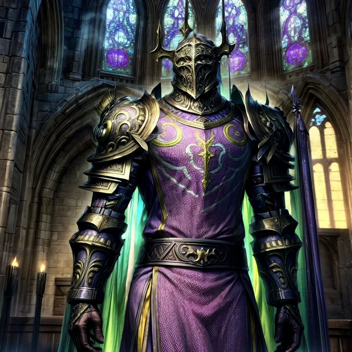 Draego,  a medieval knight in shining armor, standing in front of an altar in a large cathedral, dramatic backdrop, high contrast, wide angle lens, vibrant colors, serene, detailed intricate armor, flowing cape, determined facial expression, sunlight streaming through stained glass windows, ornate altar with candles, dramatic shadows, cinematic composition, photorealistic, 8k, hyper detailed, masterpiece