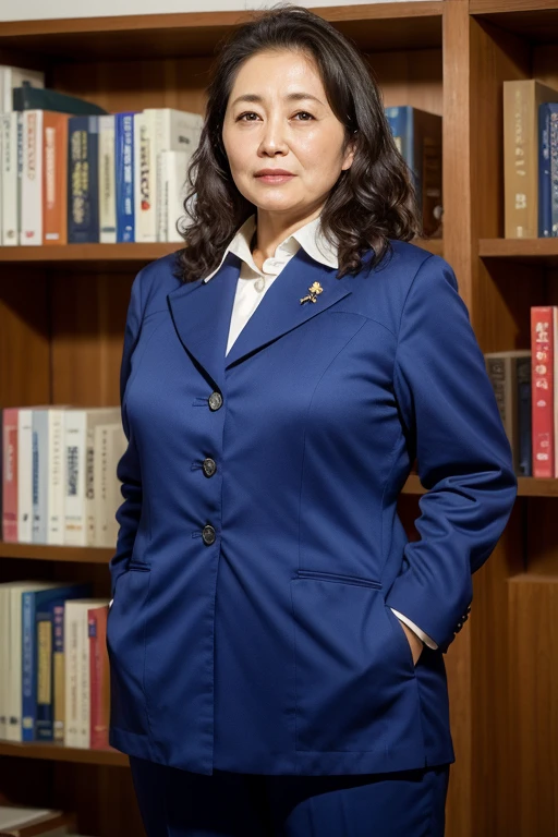 Aunt in Osaka、Organic Photography、best quality、masterpiece、Ultra-high resolution、Beautiful old lady、50 years old、Elegant face,Wear a business shirt,Suit pants,Wavy Hair、Real skin texture,sideways,Revealing smooth and plump thighs,Library Background,Background blur