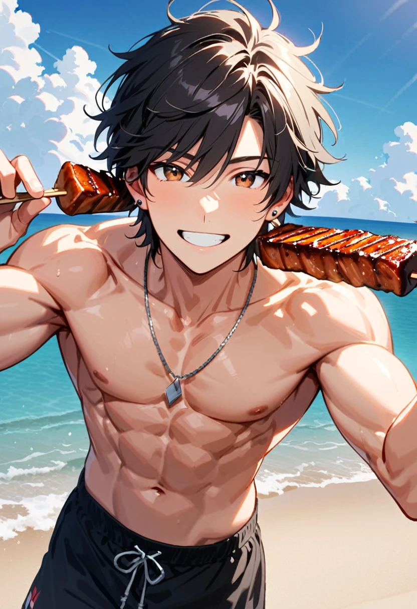 A young man, 22-years-old, solo, Caucasian, masculine face, muscular physique, shaggy tousled black hair, brown eyes, cheerful smile, mouth open, no shirt, shirtless, black swimming trunks, thin silver necklace, small silver earrings, beach, holding a skewer with grilled meat on it
