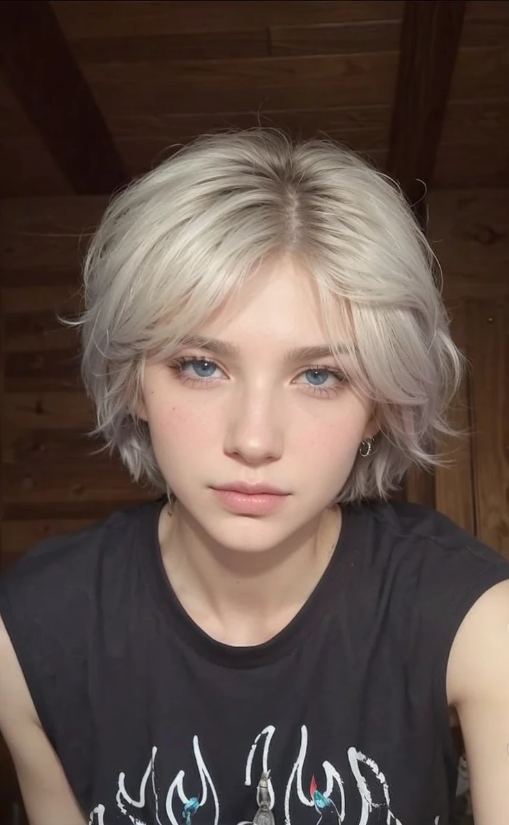 A nose piercing, and tattoos. Stars ,A lock of. Colored hair