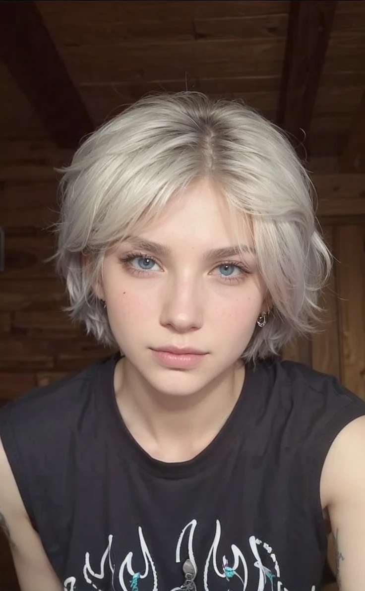 A nose piercing, and tattoos. Stars ,A lock of. Colored hair