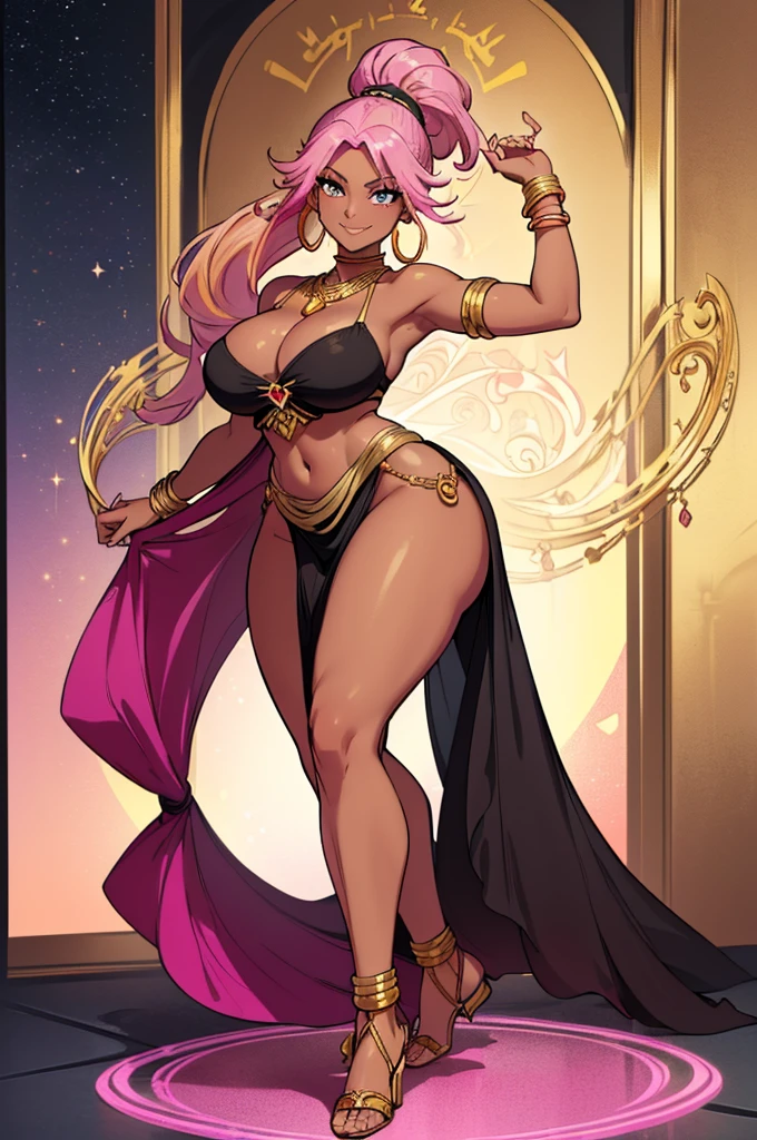 (masterpiece, best quality, high resolution, ((full body, standing,))((huge breasts)) 1 woman, (pink hair tied in a very disheveled ponytail, 1 fantasy Arabic dancer, golden jewelry, hoop earrings and necklace, gold bracelets, ((dark skin)) smile, full body
