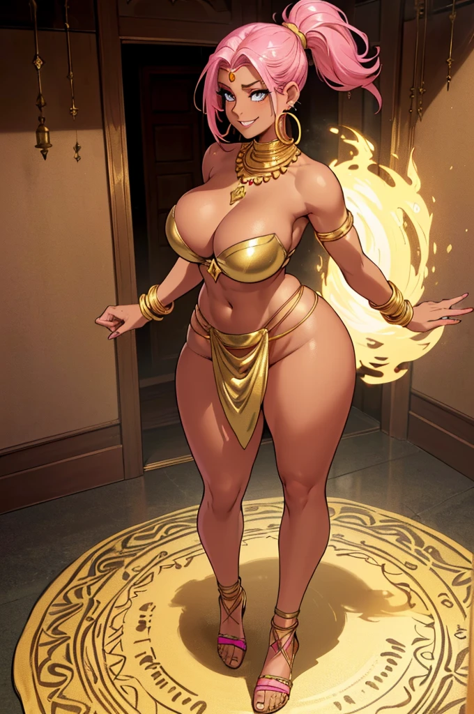 (masterpiece, best quality, high resolution, ((full body, standing,))((huge breasts)) 1 woman, (pink hair tied in a very disheveled ponytail, 1 fantasy Arabic dancer, golden jewelry, hoop earrings and necklace, gold bracelets, ((dark skin)) smile, full body