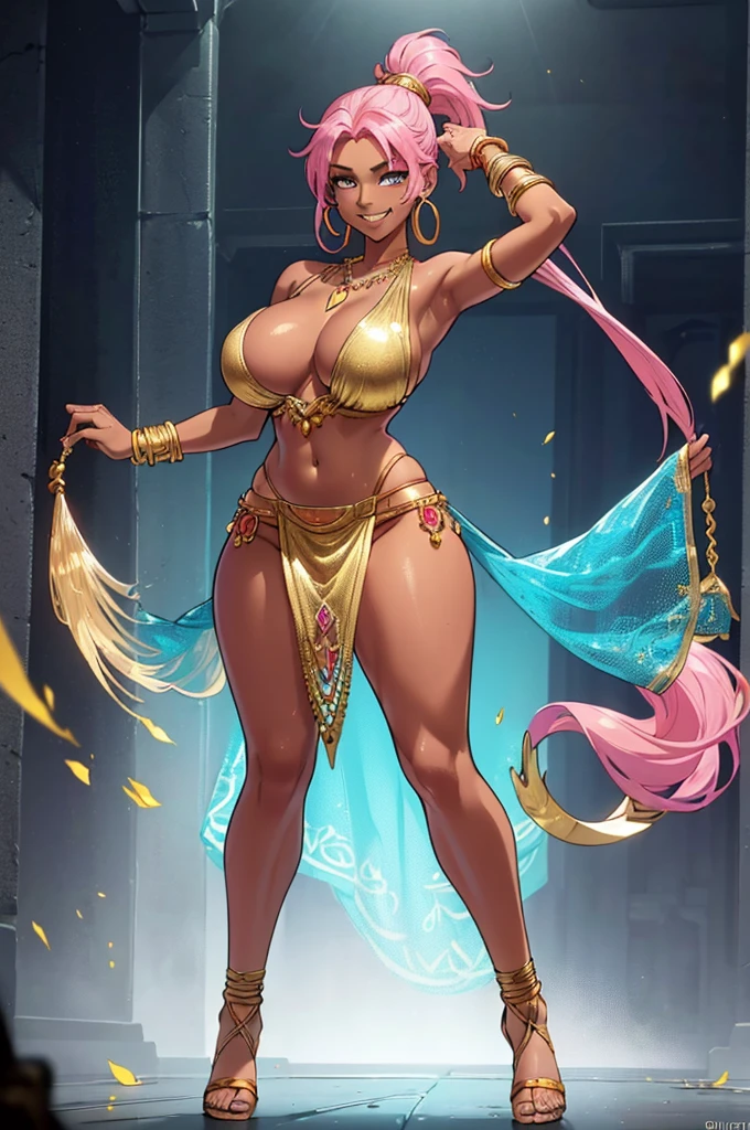 (masterpiece, best quality, high resolution, ((full body, standing,))((huge breasts)) 1 woman, (pink hair tied in a very disheveled ponytail, 1 fantasy Arabic dancer, golden jewelry, hoop earrings and necklace, gold bracelets, ((dark skin)) smile, full body
