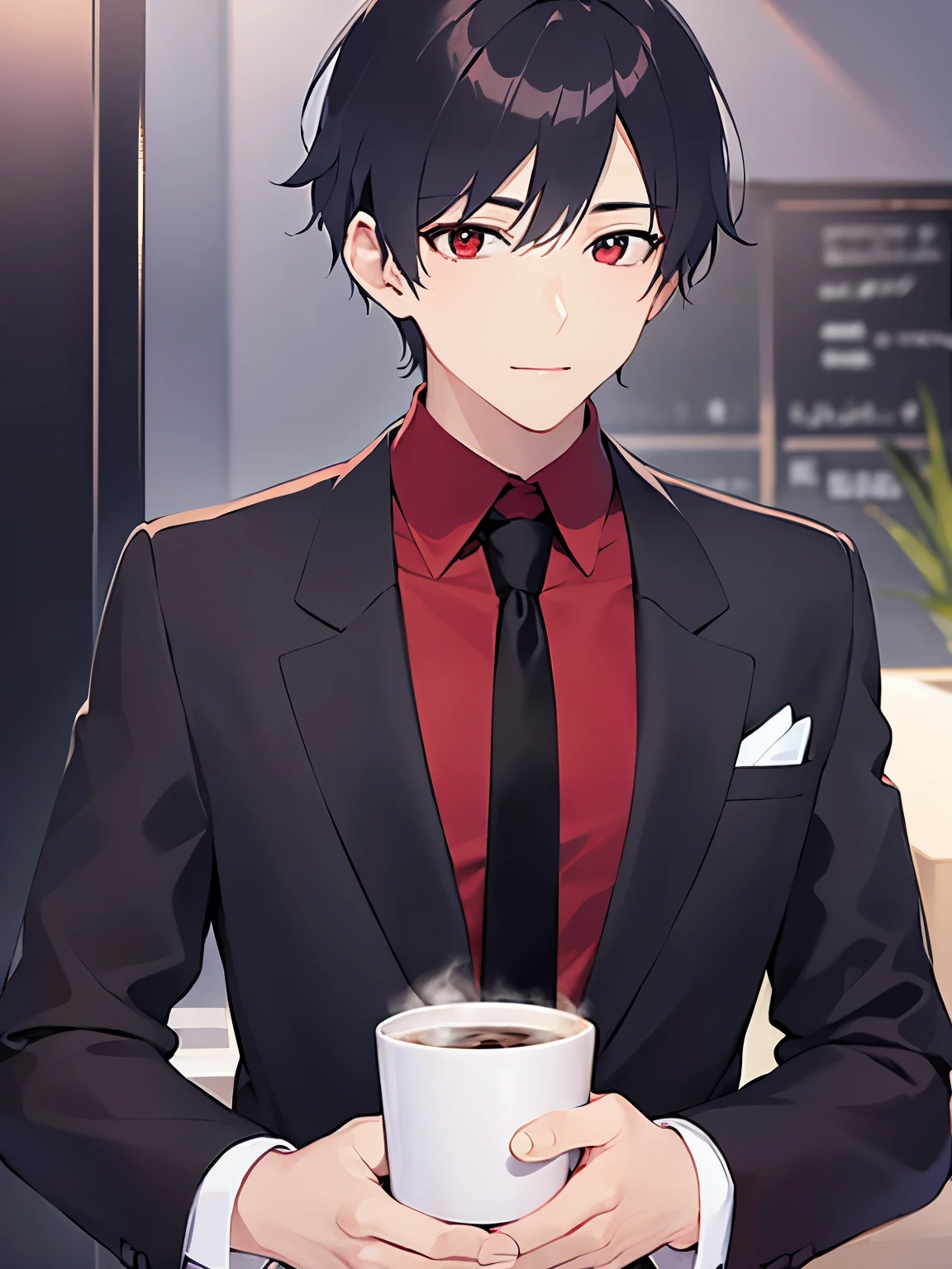 26-year-old male、Black short hair、Red eyes、Wearing a suit、(Holding a Coffee cup in your hand:1.5)、(Biologically correct5Finger)、The background is the break room、Upper Body