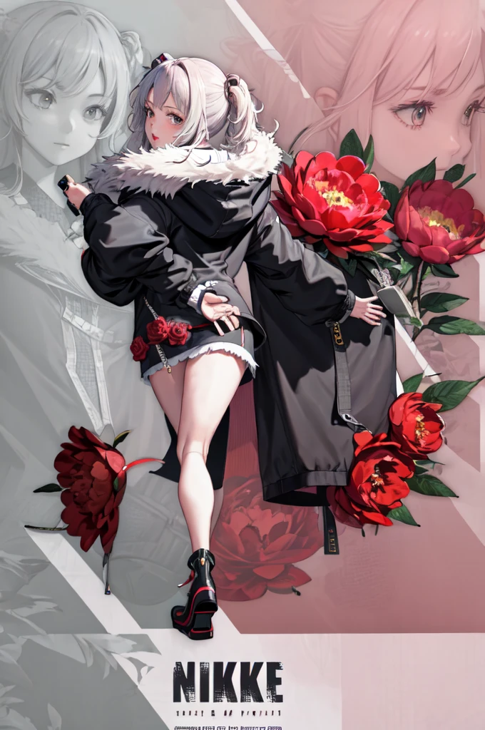 One girl, Incrs Nikke Profile, whole body, Zoom Layer, One knee, Peony, PeonyOutfit, bordered with fur, Jacket, Long Hair, From behind,