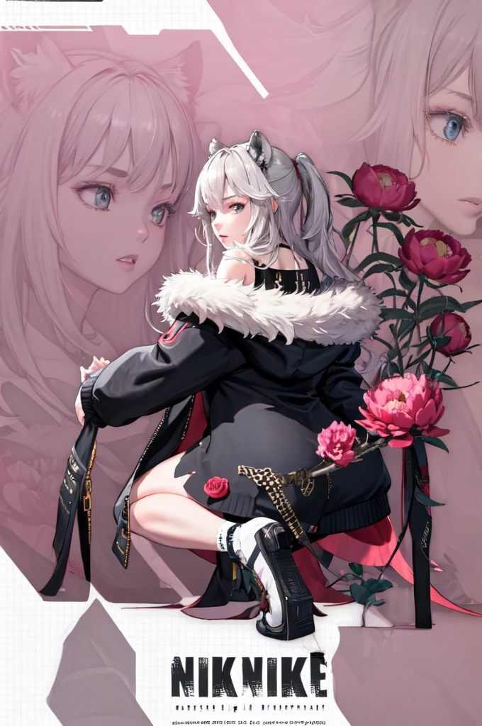 One girl, Incrs Nikke Profile, whole body, Zoom Layer, One knee, Peony, PeonyOutfit, bordered with fur, Jacket, Long Hair, From behind,