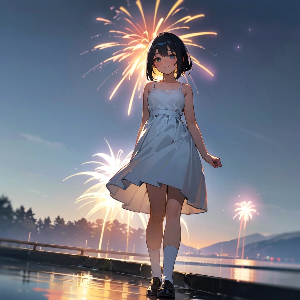 (high quality, High resolution, Very detailed, reality:1.37), Peaceful atmosphere, (Night Sky, firework), Teenage girl standing alone, (my breasts are big.), Beautiful details, Cute Smile, (Black bob hair), White camisole dress, White socks, loafers.