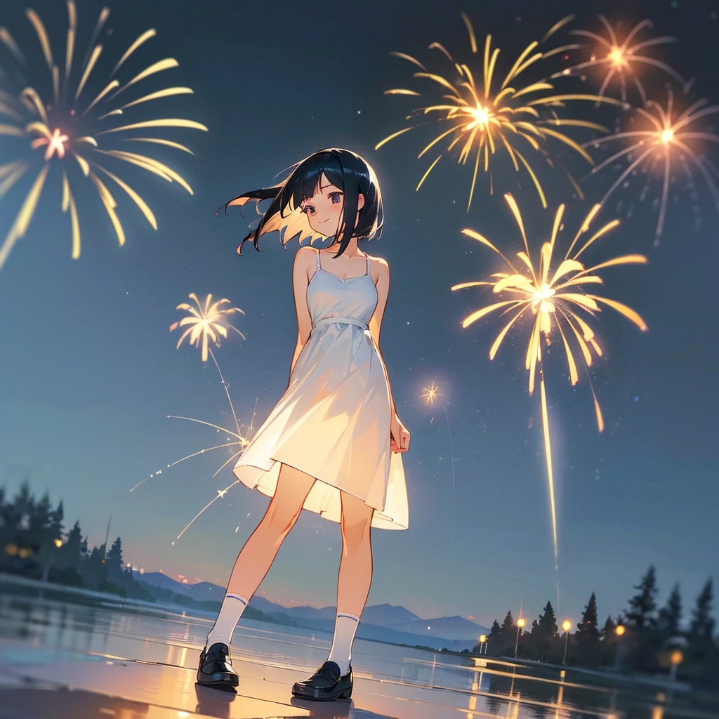(high quality, High resolution, Very detailed, reality:1.37), Peaceful atmosphere, (Night Sky, firework), Teenage girl standing alone, (my breasts are big.), Beautiful details, Cute Smile, (Black bob hair), White camisole dress, White socks, loafers.