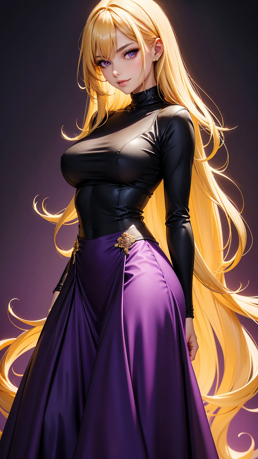 1 woman, yellow hair, long hair, purple eyes, parted lips, smirk, dark purple dress, long sleeve,turtleneck, medium sized breasts, cute, gorgeous woman, long skirt