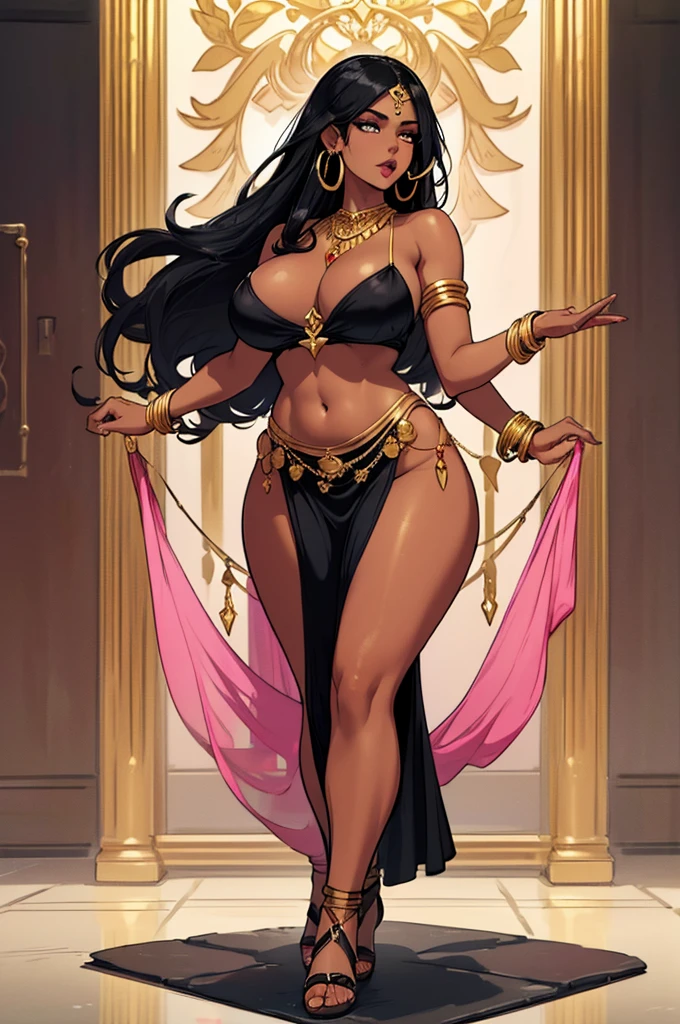 (masterpiece, best quality, high resolution, ((full body, standing,))((huge breasts)) 1 woman, very long, very disheveled black hair, pink lips, 1 fantasy Arabic dancer, golden jewelry, hoop earrings and necklace, bracelets of gold, ((dark skin)) serious, full body
