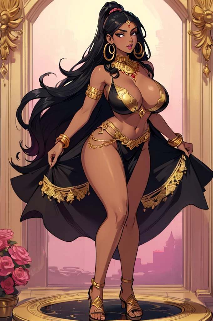 (masterpiece, best quality, high resolution, ((full body, standing,))((huge breasts)) 1 woman, very long, very disheveled black hair, pink lips, 1 fantasy Arabic dancer, golden jewelry, hoop earrings and necklace, bracelets of gold, ((dark skin)) serious, full body