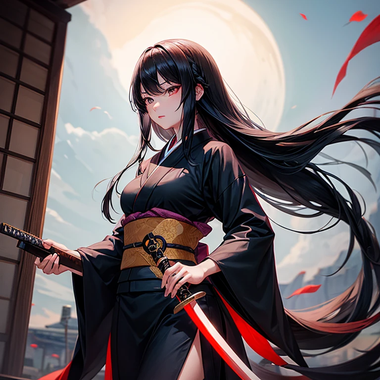 A woman with long black hair wearing a kimono holding a sword-like knife Holding sushi