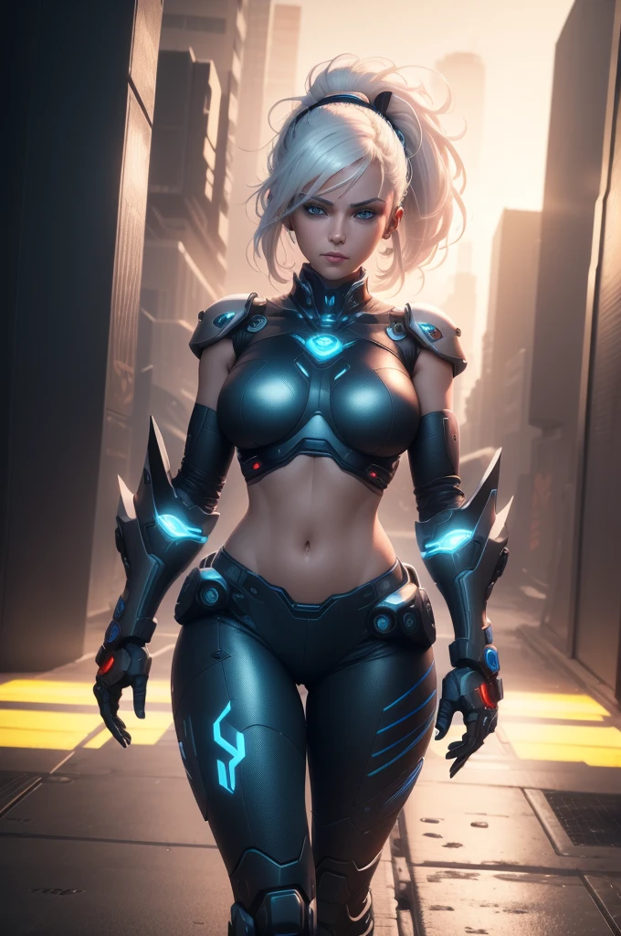 1 girl, white hair, blue eyes, high-tech bra, midriff exposed, battle mecha arms, pants, high-tech sneakers, serious pose, mecha robot background, (best quality,4k,8k,highres,masterpiece:1.2),ultra-detailed,(realistic,photorealistic,photo-realistic:1.37),detailed mechanical arms,glowing robotic limbs,advanced technology,futuristic cyberpunk,dramatic lighting,vibrant colors,cinematic composition