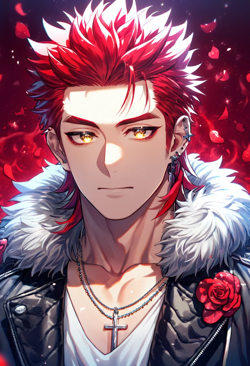Ultra detailed, Highres, absurdres, HDR, Suoh Mikoto, red hair is kept short ruffled and spiked with two strands of hair near the opposite sides of his head falling on his face as well as distinct sideburns, K, expressive golden eyes, black leather jacket with a fur collar and a white V-neck underneath, silver ring, a star-shaped necklace, a piercing in his left ear, red flowers, petals, handsome, man, solo, very detailed eyes and face, glittering small red butterflies, master piece, glittering, fantasy, cross, red background, red flames,