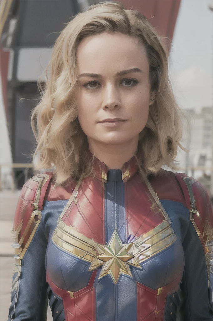 brie larson, medium hair, full body portrait, wearing captain marvel outfit, sexy, cleavage, breasts showing