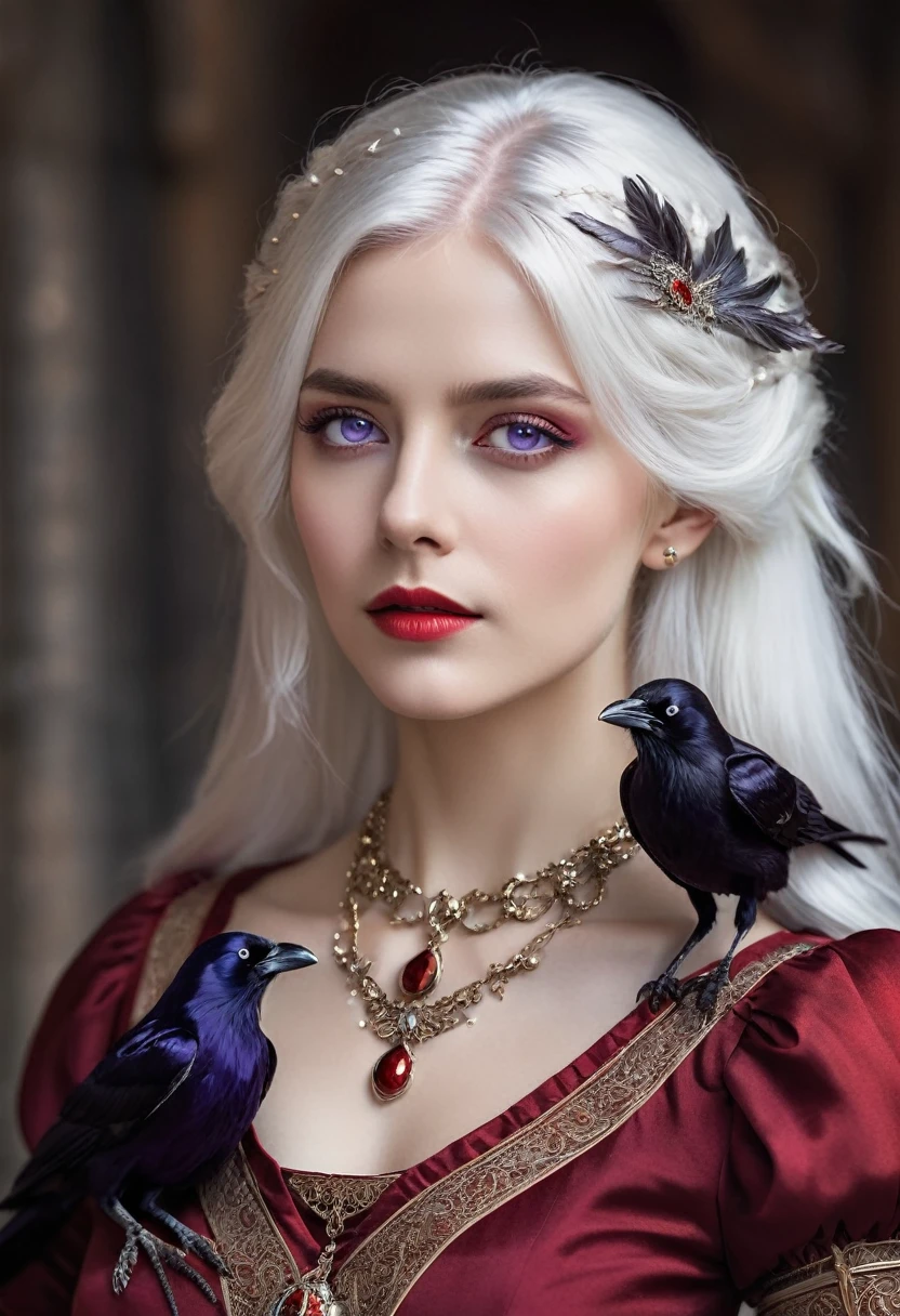 White hair fine features violet eyes, slim, with an elegant red medieval dress, a necklace of a small crow