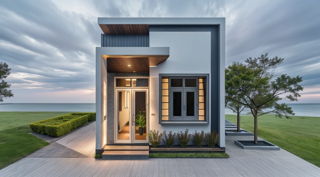 1 morden house, cofe space:1.4, main material by white wall and wood, large yard, 1 road runs in front of the house, (RAW photo, real, best quality, masterpiece:1.2), look morden minimalist, 1 road in front of the house, shime ring light, light brighteness from indoor:1.2, dynamic lighting:1.3, (hyper realistic, photo-realistic:1.2), high quality, (dark lighting:1.2), perfect lighting, archdaily