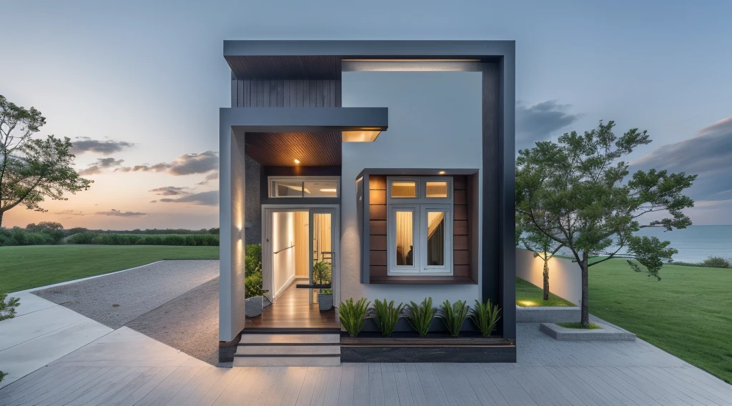 1 morden house, cofe space:1.4, main material by white wall and wood, large yard, 1 road runs in front of the house,  (RAW photo, real, best quality, masterpiece:1.2), look morden minimalist, 1 road in front of the house, shime ring light, light brighteness from indoor:1.2, dynamic lighting:1.3, (hyper realistic, photo-realistic:1.2), high quality, (dark lighting:1.2), perfect lighting, archdaily