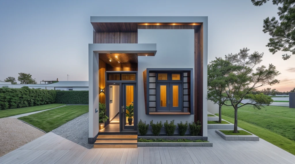1 morden house, cofe space:1.4, main material by white wall and wood, large yard, 1 road runs in front of the house,  (RAW photo, real, best quality, masterpiece:1.2), look morden minimalist, 1 road in front of the house, shime ring light, light brighteness from indoor:1.2, dynamic lighting:1.3, (hyper realistic, photo-realistic:1.2), high quality, (dark lighting:1.2), perfect lighting, archdaily