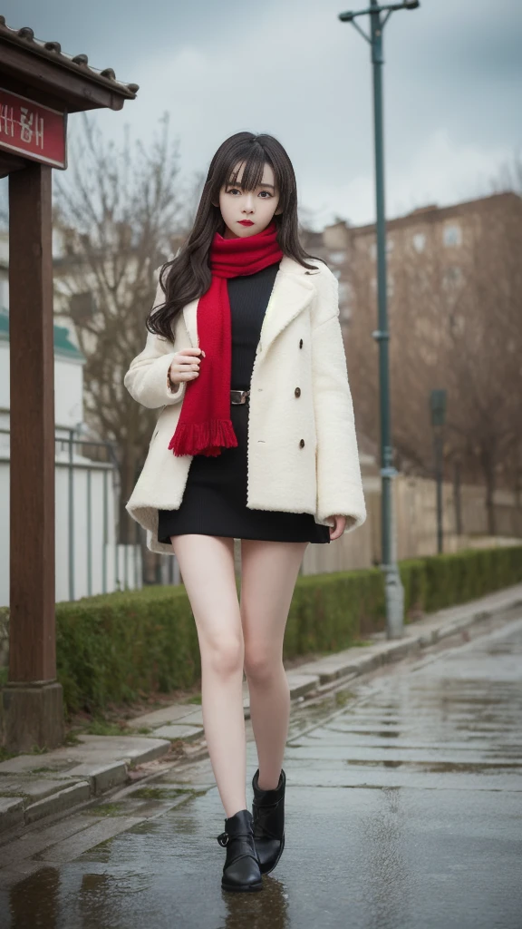 (to the firmware), 1 Woman, 24 years oF age, (Cute Face), (Ideal body proportions), Modern old town landscape, ((Lolita clothing)), (((Red muFFler))), wet, White skin, Slender, Black Hair, Long hair, Small butt, Thin legs, Surrealism, light, depth oF Fields, One person's point of view, F/1.8, 135 mm, nffsw, On the table, precise, Anatomically correct, Textured Skin, Super Detail, High Detail, high quality, The award-winning, best quality, high resolution, 8K
