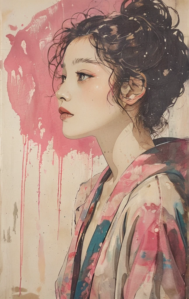 (Color Halftone effect,Halftone Pattern:1.5)A beautiful woman emerges dimly from the world surrounded by light. Strong light crosses and soft light leaks out.(Color pattern:light pink, beige )(Clothing: grunge fashion)
(Ink on Japanese paper, which tends to bleed easily)(contemporary art like a picture book) (transparent watercolor) (light itself expressed as real) (layers of soft, rich colors) (shades of paint dissolved thinly with water) (deep, delicate colors)