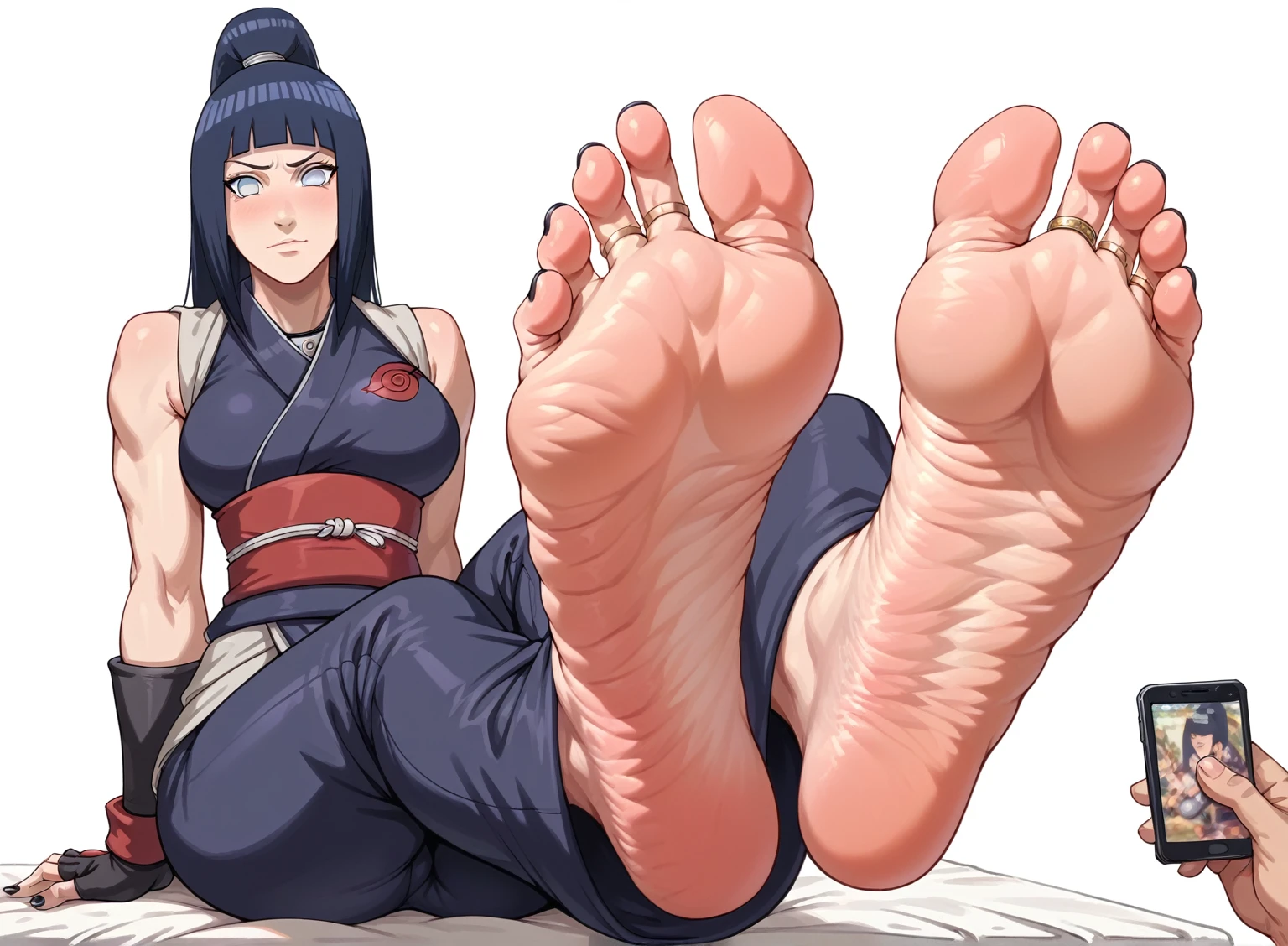 Hinata From Naruto, feet, soles, very wrinkled soles, disgusting dirty soles, black toenail, toes ring, soles focus, big breast. Very detailed soles, Masterpiece, UHD. Ninja Chamber background