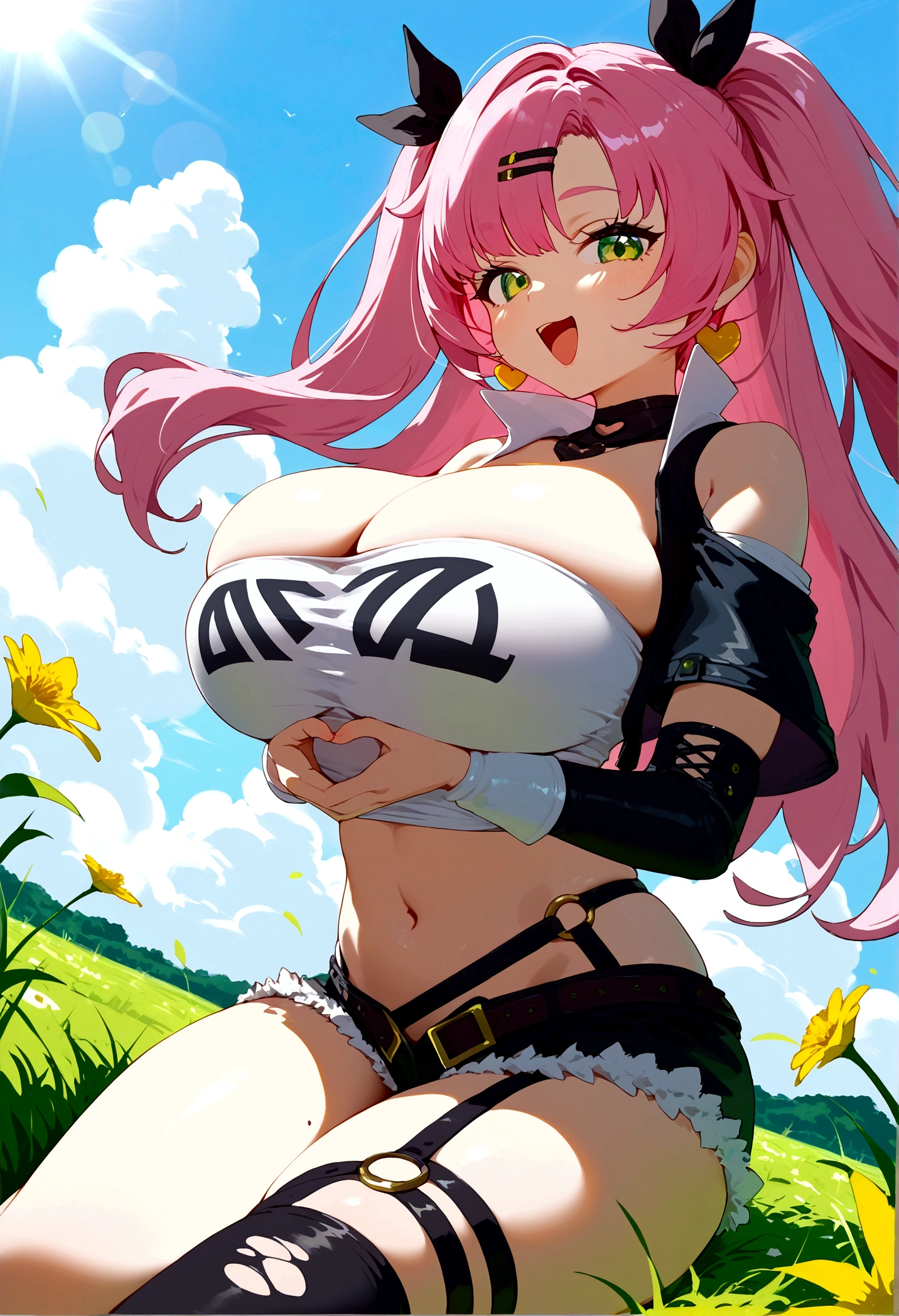 score_9, score_8_up, score_7_up, solo, looking at viewer, close-up,
Ncle, green eyes, pink hair, long hair, two side up, hair ribbon, hairclip, mole under eye, tube top, black jacket, heart choker, midriff, micro shorts, single thighhigh, shoulder cutout, long sleeves, earrings, jewelry, 
huge breasts, skindentation, heart hands, smile, dutch angle, open mouth, 
sunlight, outdoors, field, flowers, grass, hill, cloudy sky, Big breasts