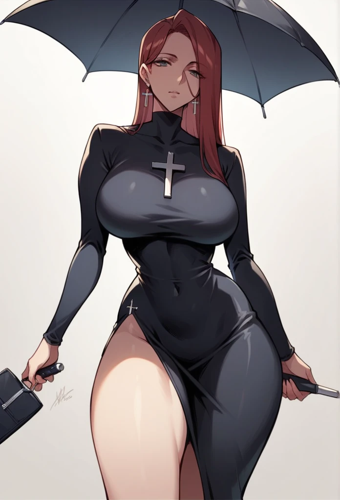 Parasoul, mature woman, long legs,sexy ,short little dress,limited dress ,long tight sleeves, ultra black dress ,semi-exposed thighs ,medium hips, big breasts, inverted cross figure on the chest, holding a black umbrella 