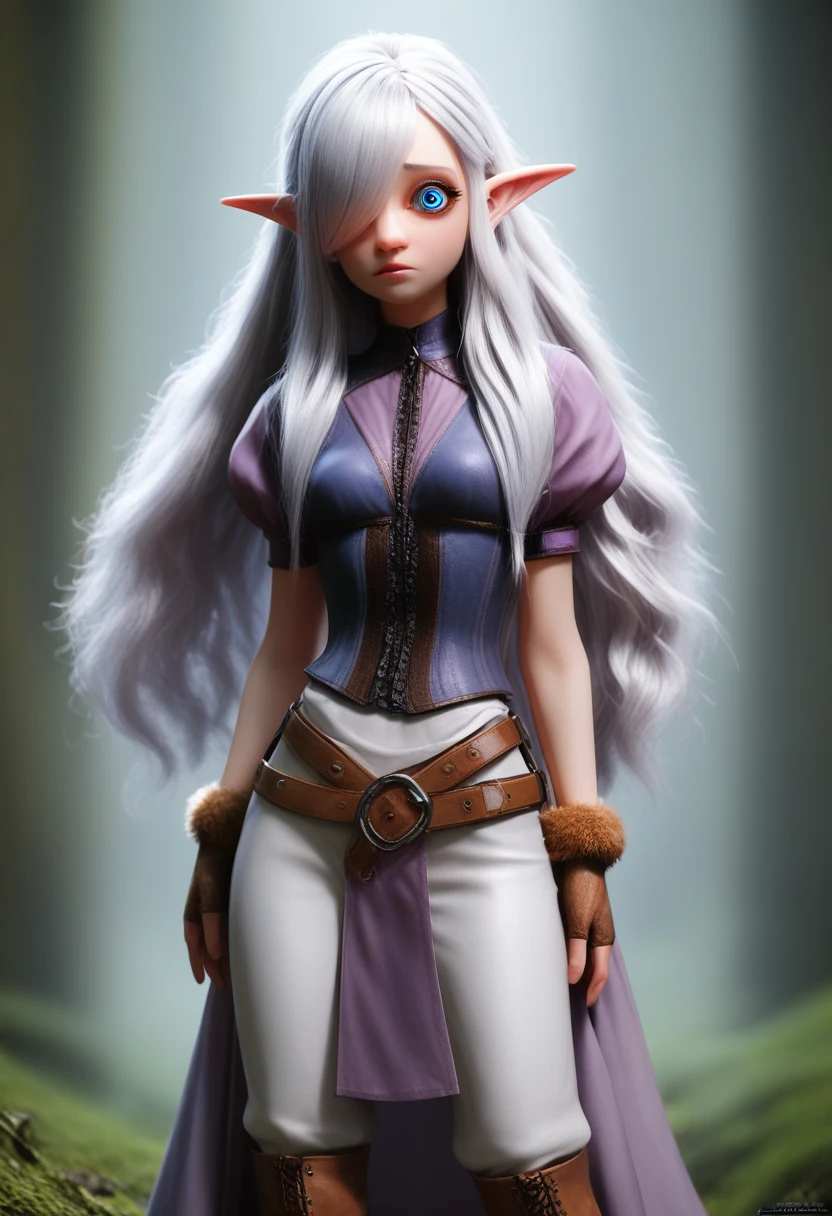 ((Best Quality)), (Masterpiece)), (Details: 1.4), Absurd Resolution, High Resolution, (Masterpiece: 1.4), Ultra Detailed, detailed gnome girl with pale skin, short stature, very long waist length silver hair that curls at the ends, covering one eye, with small breasts, pouty lips, and bright blue anime-style eyes with long lashes, wearing a corset, white puffy long sleeved shirt, and puffy cloth pants, leather bound boots, set in a windy fantasy landscape, (best quality,4k,8k,highres,masterpiece:1.2),ultra-detailed, dungeons and dragons, long elf ears, small girl, detailed skin and cloth textures, cute detailed face, intricate details, extremely detailed, 1girl, dynamic pose with hair covering one eye, shy personality, puffy cloth pants with leather belt, detailed privateer outfit, detailed buccaneer outfit, pouch on belt, wearing ornate leather armor with fur trim, silver inlay detail, wearing fur trimmed boots, wearing fur trimmed gloves, short, short height, halfing girl, small girl, very long detailed flowing hair, big head, big round eyes, windy, wind blown hair