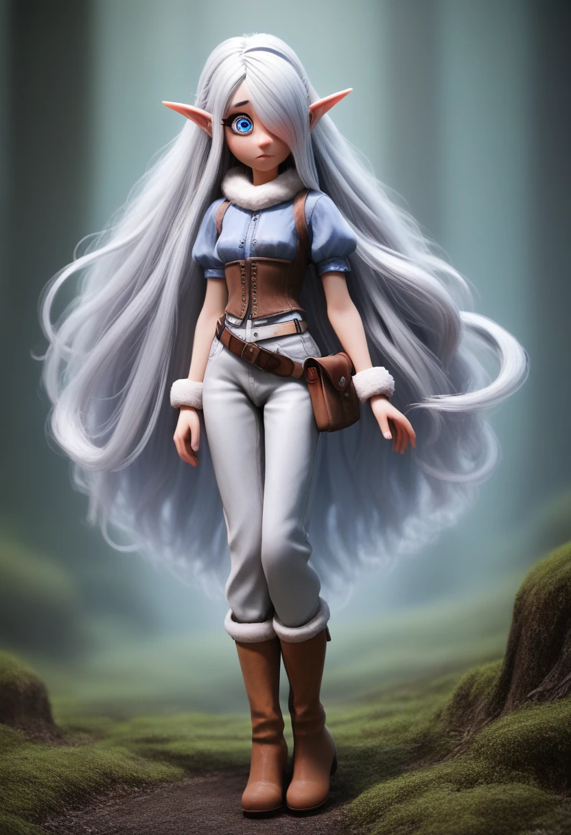 ((Best Quality)), (Masterpiece)), (Details: 1.4), Absurd Resolution, High Resolution, (Masterpiece: 1.4), Ultra Detailed, detailed gnome girl with pale skin, short stature, very long waist length silver hair that curls at the ends, covering one eye, with small breasts, pouty lips, and bright blue anime-style eyes with long lashes, wearing a corset, white puffy long sleeved shirt, and puffy cloth pants, leather bound boots, set in a windy fantasy landscape, (best quality,4k,8k,highres,masterpiece:1.2),ultra-detailed, dungeons and dragons, long elf ears, small girl, detailed skin and cloth textures, cute detailed face, intricate details, extremely detailed, 1girl, dynamic pose with hair covering one eye, shy personality, puffy cloth pants with leather belt, detailed privateer outfit, detailed buccaneer outfit, pouch on belt, wearing ornate leather armor with fur trim, silver inlay detail, wearing fur trimmed boots, wearing fur trimmed gloves, short, short height, halfing girl, small girl, very long detailed flowing hair, big head, big round eyes, windy, wind blown hair