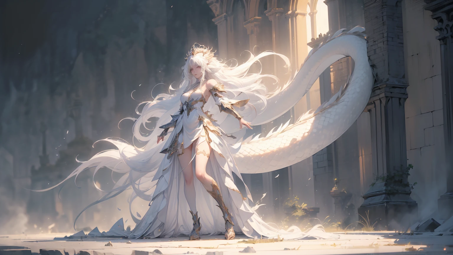 (((masterpiece, best quality, 8k)))Design a layout showcase Fantasy character, (1girl), ((mounted on a dragon)). Beautiful armor, wielding a spear, long white hair, wearing a tiara. ((detailed dragon:1.4)), white dragon, full of intricate details. (masterpiece:1.3), (best quality), 4k, ultra-detailed. (Dynamic pose, heroic stance:1.5), (dramatic lighting, atmospheric lighting). warrior, ((tiara:1.2)), (((long white hair:1.4))), spear, (((full_body_shot:1.5))). In a mystical landscape, high in the sky, with clouds and sunlight.