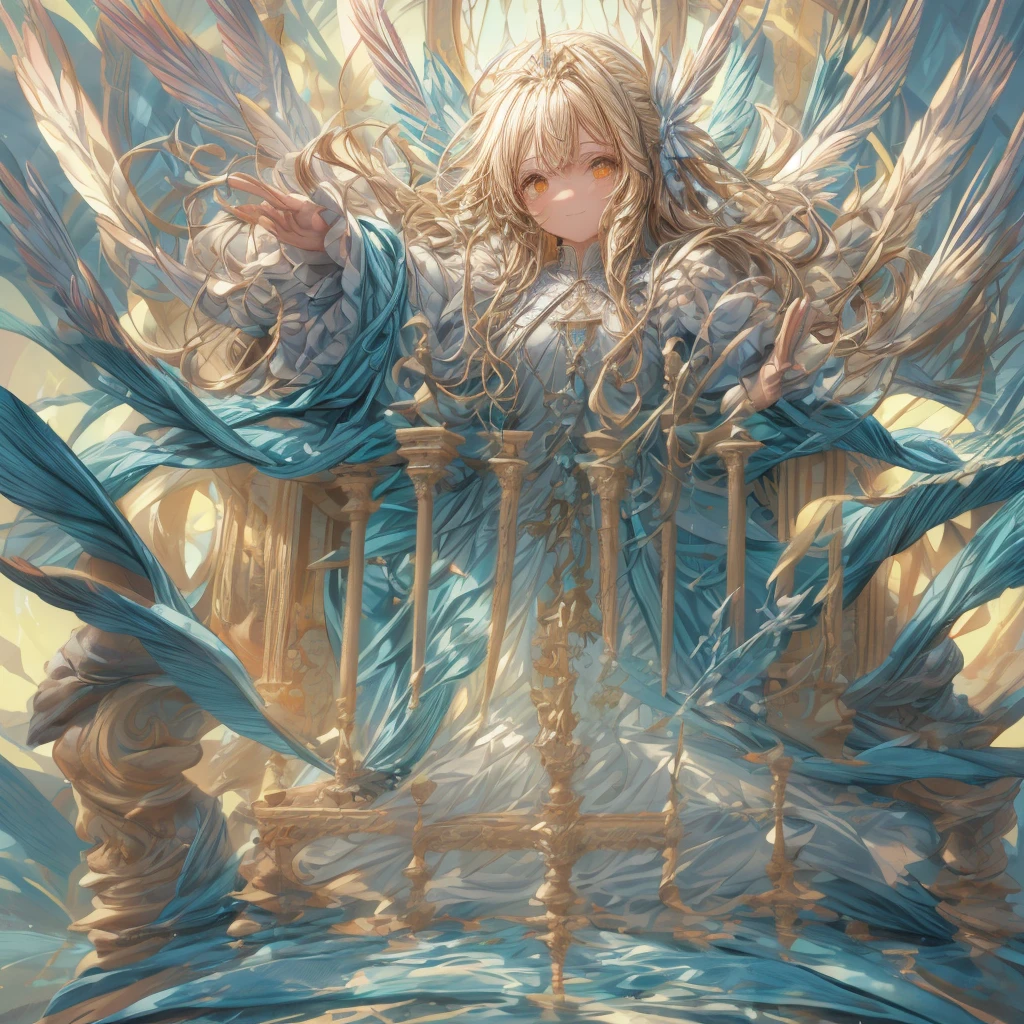 ((top-quality)), ((​masterpiece)), ((Ultra-detail)), (extremely delicate and beautiful), girl with, solo, cold attitude,((princess dress)),She is very(relax)with  the(Settled down)Looks,A blonde-haired, depth of fields,evil smile, feather, under the water, wings,bright light yellow eyes,Inner color with blonde hair and light yellow tips,Cold background, longest Hair - Linear Art, skirting、White uniform like 、Light blue ribbon ties、Clothes are sheer 、hand praying pose