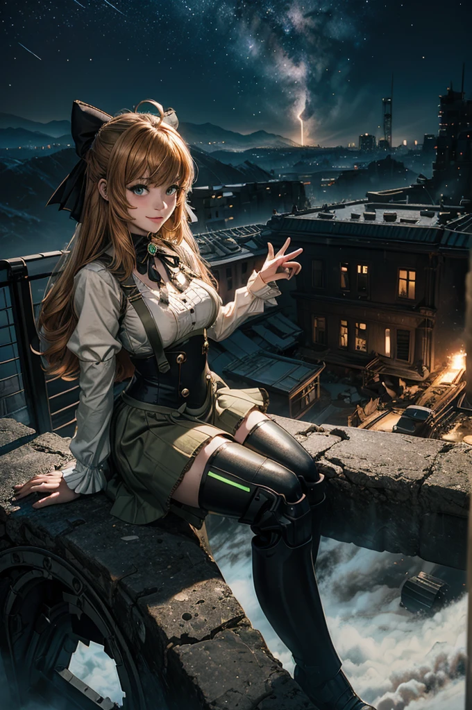 cowboy shot, (dynamic pose), smile, underbust, Penny Polendina, long hair, neck ribbon, suspender skirt, corset, black bow, white blouse, mechanical legs, neon trim, sitting, ((people in city ruins on hill, overlooking valley)), BREAK night, stars, moon, snow, BREAK mountains in background, waterfall, vehicle wreck, ((people in military uniform)), bonfires, post-apocalypse, dystopian future, (volumetric lighting), intricate details, tonemapping, sharp focus, hyper detailed
