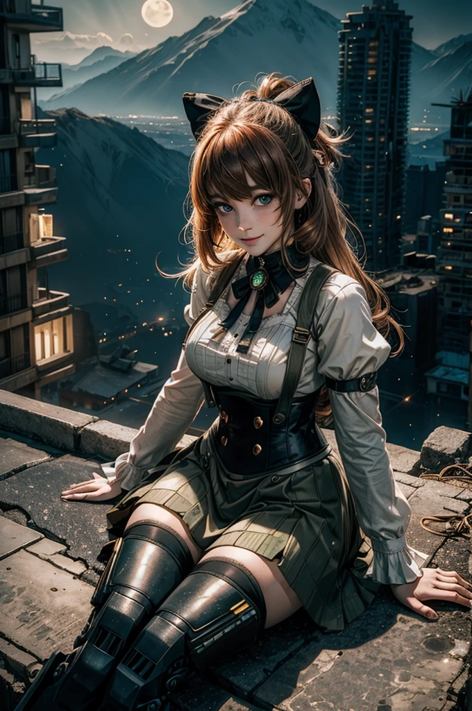 cowboy shot, (dynamic pose), smile,  underbust, Penny Polendina, long hair, neck ribbon, suspender skirt, corset, black bow, white blouse, mechanical legs, neon trim, sitting, ((people in city ruins on hill, overlooking valley)), BREAK night, stars, moon, snow, BREAK mountains in background, waterfall, vehicle wreck, ((people in military uniform)), bonfires, post-apocalypse, dystopian future, (volumetric lighting), intricate details, tonemapping, sharp focus, hyper detailed

