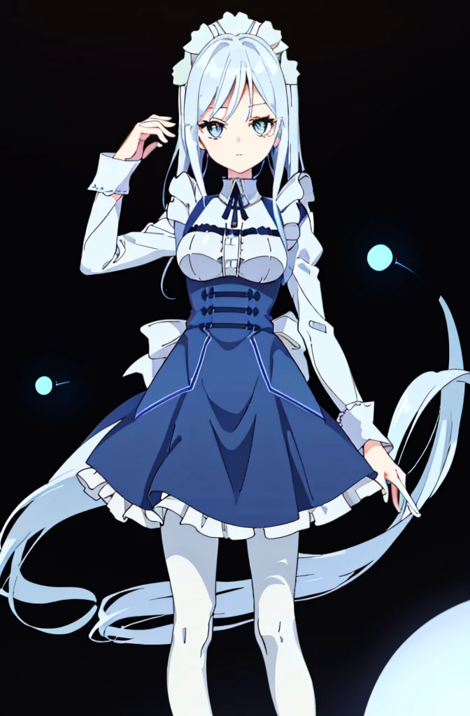 1 girl! Ray tracing, best shadows, high resolution (dim lighting) blue hair, plump and slender girl, (girl wearing white shirt, black wrinkled skirt, with black transparent pantyhose), showing a delicate slim figure and graceful curves, correctly positioned and reasonable limbs! facial details! Delicate facial features, pay attention to the position details of the legs! Pay attention to hand details! High quality! More eligible! Reduce errors, ultra-detailed CG, more reasonable picture! Delicate finger detailing,((blue medium hair)),((White Maid Costume)),blue eyes,((whole body)),whole body,((White Maid Costume)),((White Maid Costume)),evil smile,