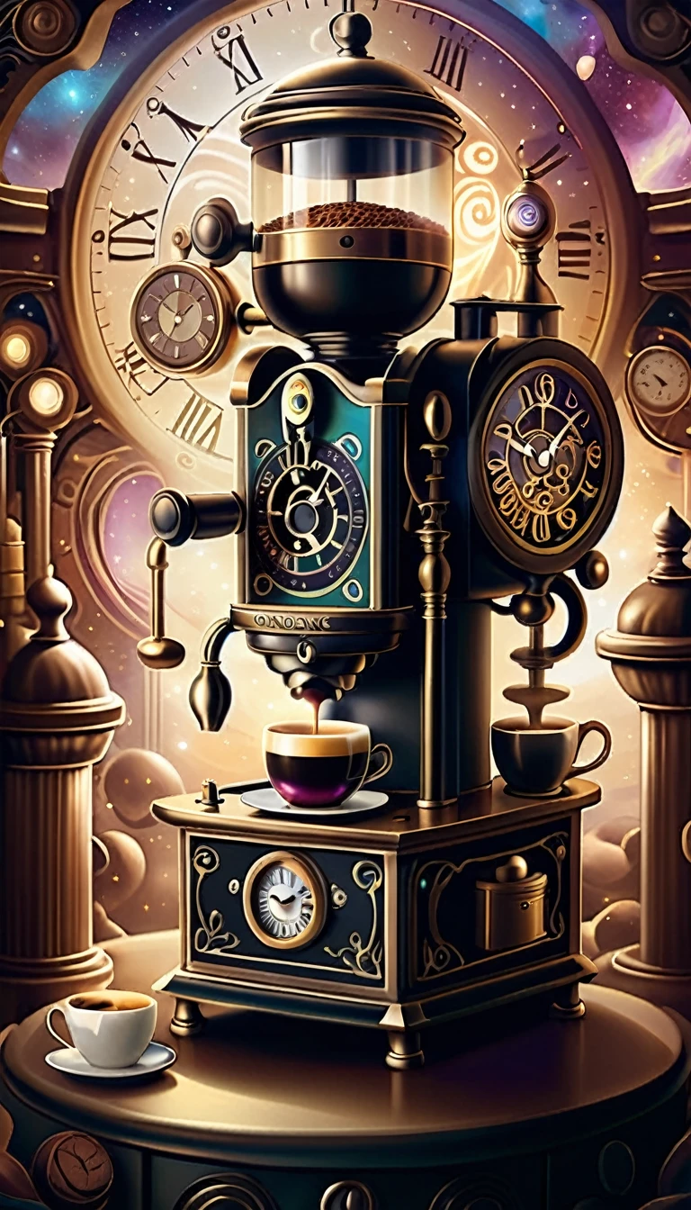 Chronomancy AI Coffee Machine , Very detailed, Fantasy Setting, Complex and detailed background