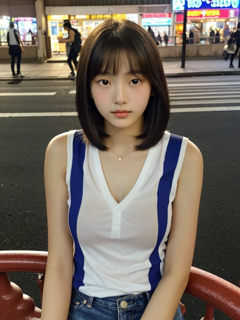 Super detailed　super high quality　super high quality　surreal　photograph　japanese woman　Fair skin　16 years old　((half-open lips:1.3))　beautiful and soft skin　((Beautifully styled straight short hair))  beautiful and perfect body　very cute　A beautiful and transparent young man々new skin　16 years old　(High school girl wearing a sleeveless shirt) big breasts　everyday city　busy city　　((night))　viewer&#39;perspective　　Front view　　(big breasts:1.3) (NSFW:1.2))  (cleavage)　(amazingly cute girl:1.3)　　(full body portrait)　