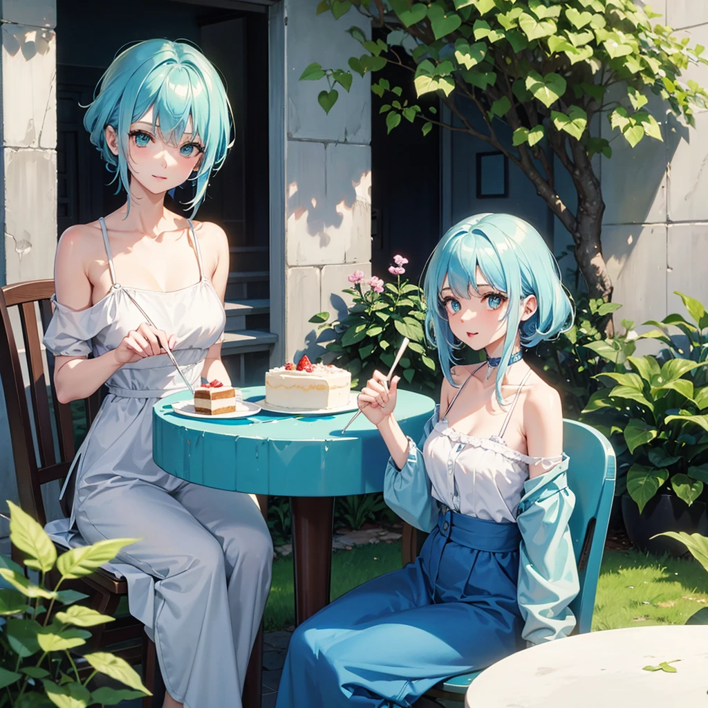  light blue hair, cake strip, Cute green eyes, Beautiful Mouth, 1,60, medium chest, sitting on a large chair in a courtyard 