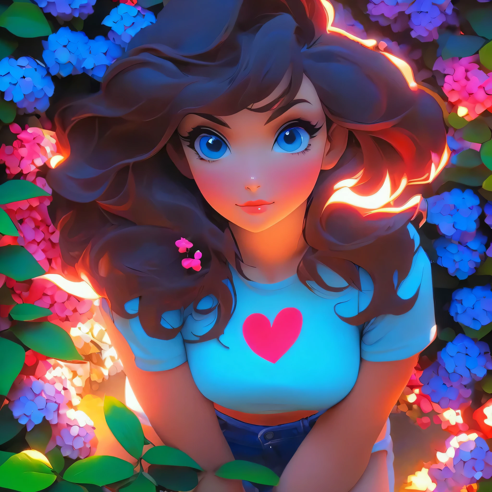 4K, June Scenario, Beautiful woman, long hair, chestnut hair, medium breasts, blue colored eyes, white shirt, hot pants, neon red heart necklace, gazing at viewer, natta, colorful hydrangea