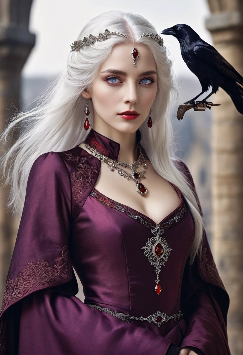 White hair fine features violet eyes, slim, with an elegant red medieval dress, a necklace of a small crow 