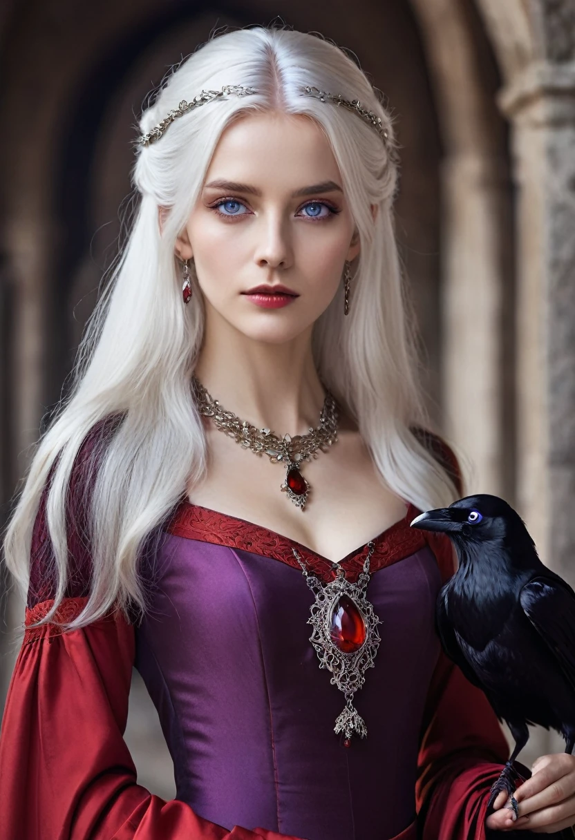 White hair fine features violet eyes, slim, with an elegant red medieval dress, a necklace of a small crow 